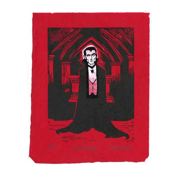 Count Dracula Two Color Linoleum Block Print by Grant Thomas